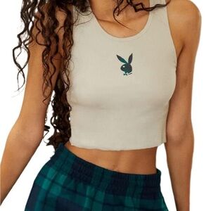 PLAYBOY Cream Crop Tank Top with Small Bunny Logo